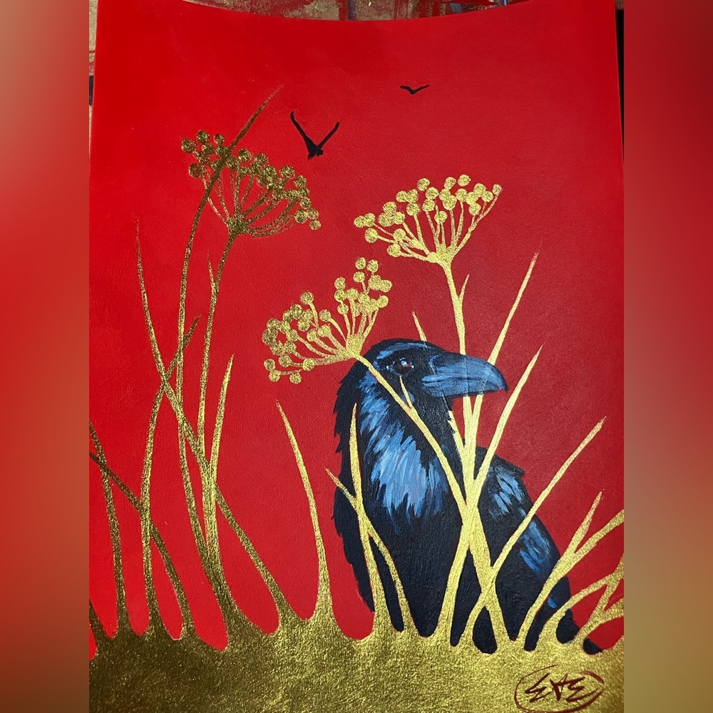 Raven Original painting crow bird art New surreal modern nature decor Artettina
